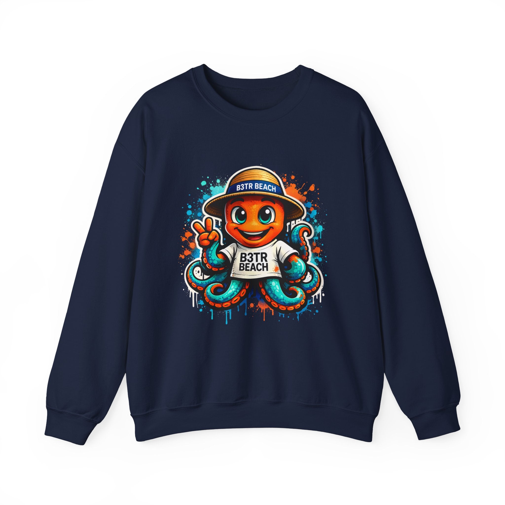 Inky B3TRBeach Crewneck Sweatshirt — Cute 'B3TR BEACH' Surf Octopus Graphic