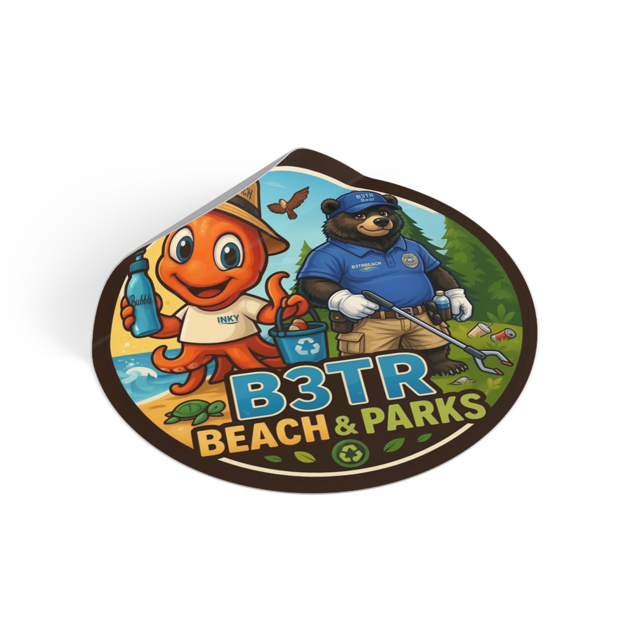 B3TR Beach & Parks Cleanup Mascot Sticker – Inky & Ranger Bear Ocean Guardian Decal (Eco-Friendly Vinyl)