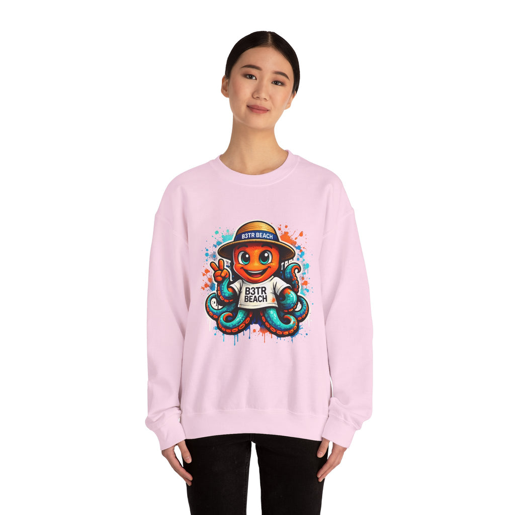 Inky B3TRBeach Crewneck Sweatshirt — Cute 'B3TR BEACH' Surf Octopus Graphic