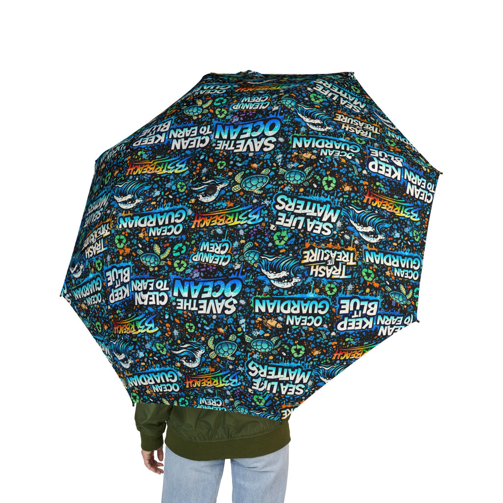 Compact Foldable Umbrella — Ocean Blue Inspirational Word Print, Semi-Automatic Travel Umbrella