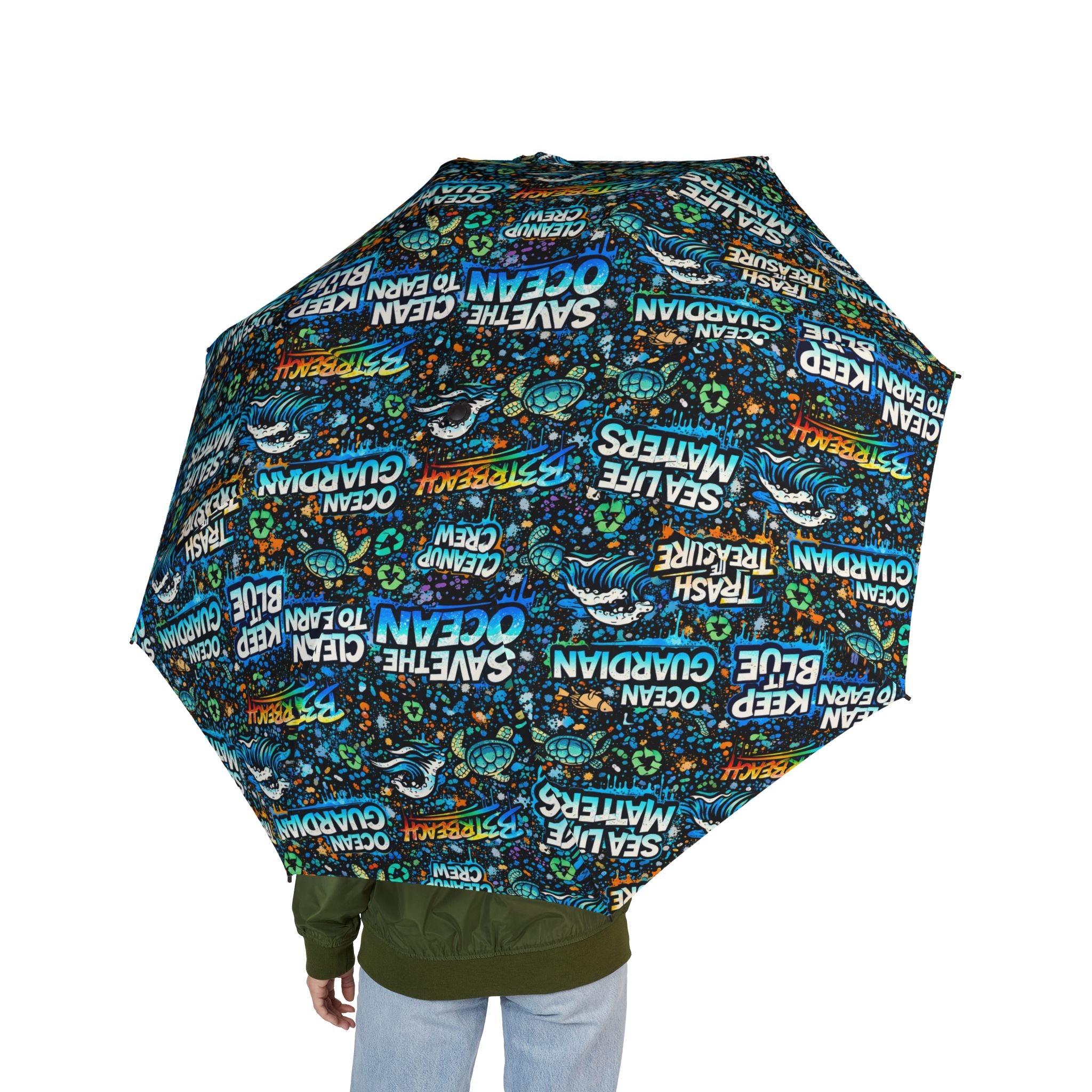 Compact Foldable Umbrella — Ocean Blue Inspirational Word Print, Semi-Automatic Travel Umbrella