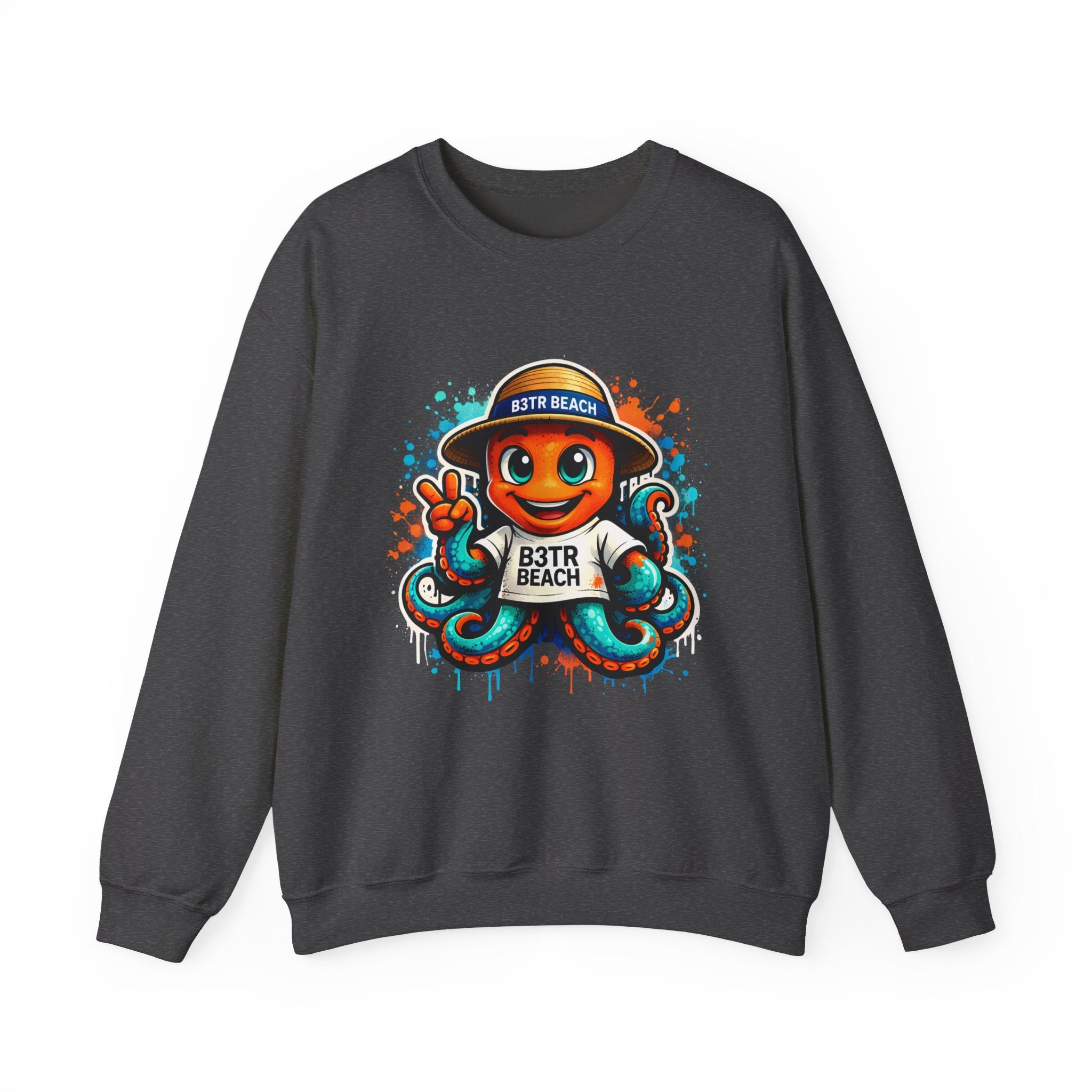 Inky B3TRBeach Crewneck Sweatshirt — Cute 'B3TR BEACH' Surf Octopus Graphic