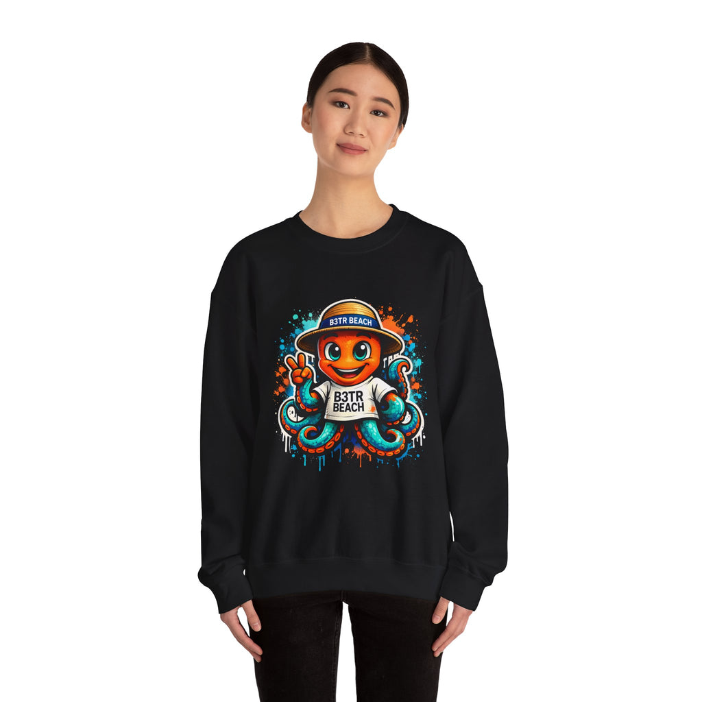 Inky B3TRBeach Crewneck Sweatshirt — Cute 'B3TR BEACH' Surf Octopus Graphic