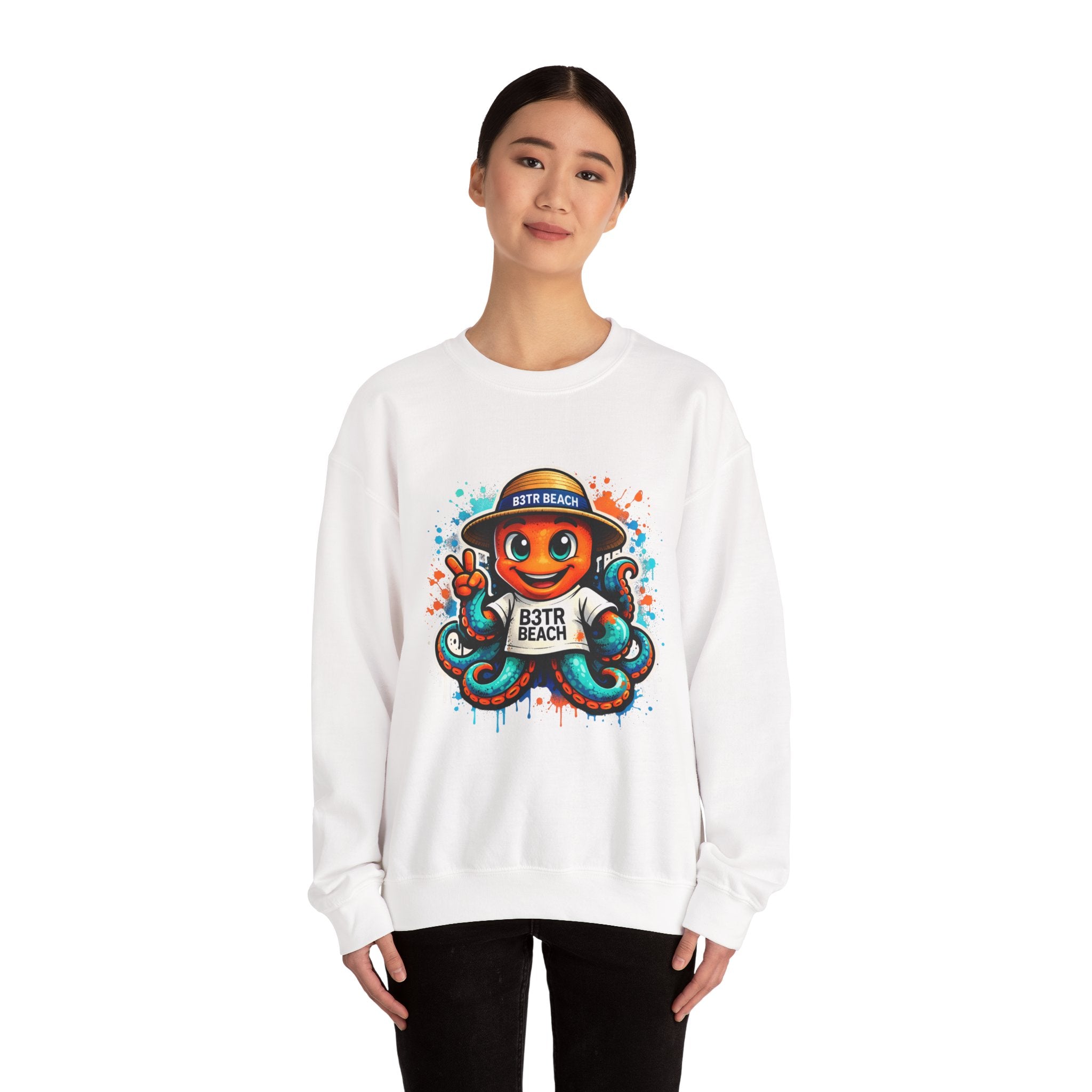 Inky B3TRBeach Crewneck Sweatshirt — Cute 'B3TR BEACH' Surf Octopus Graphic