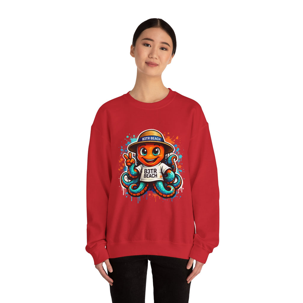 Inky B3TRBeach Crewneck Sweatshirt — Cute 'B3TR BEACH' Surf Octopus Graphic