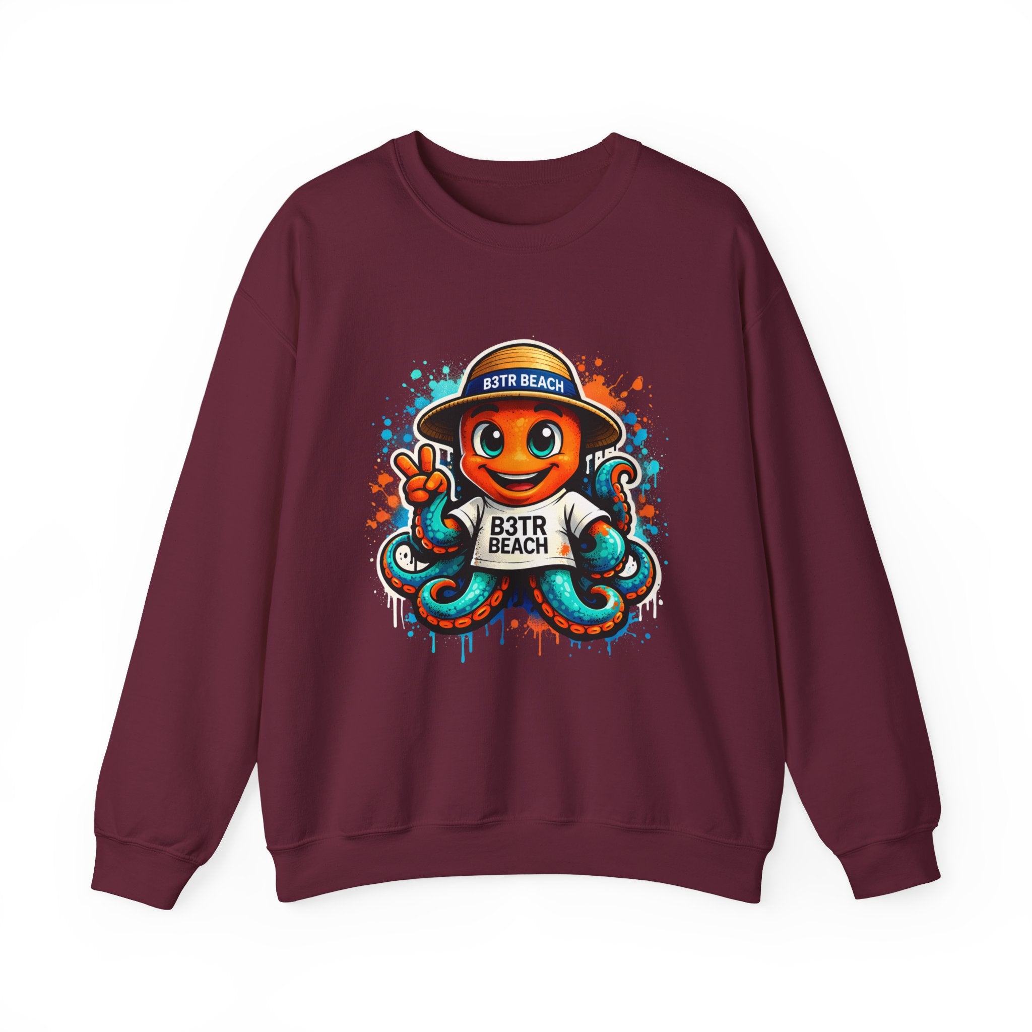 Inky B3TRBeach Crewneck Sweatshirt — Cute 'B3TR BEACH' Surf Octopus Graphic