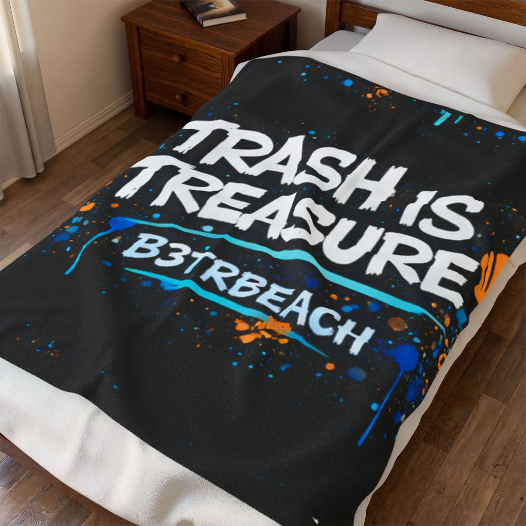 Velveteen Plush Blanket — "Trash Is Treasure" Beach Cleanup Quote Throw