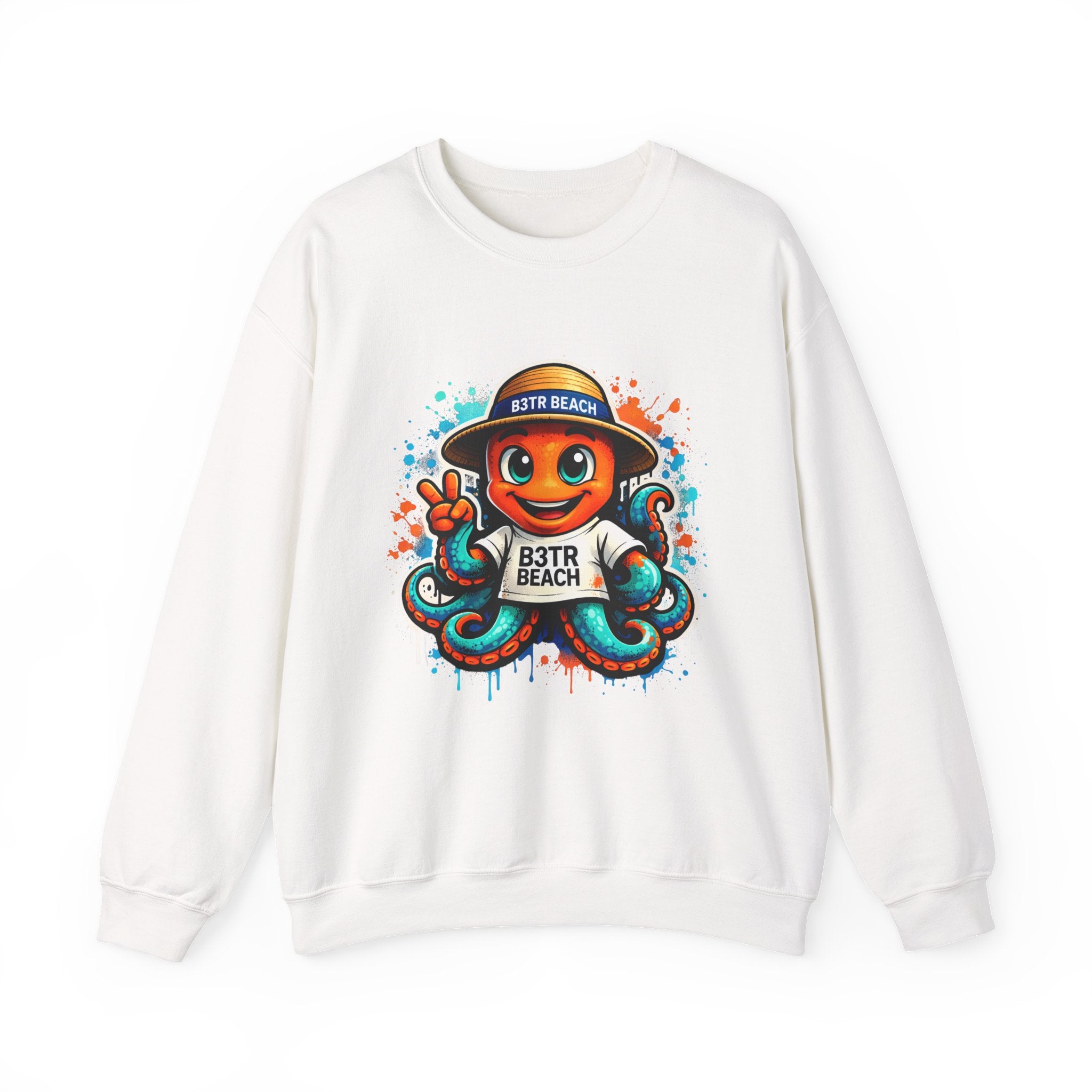 Inky B3TRBeach Crewneck Sweatshirt — Cute 'B3TR BEACH' Surf Octopus Graphic