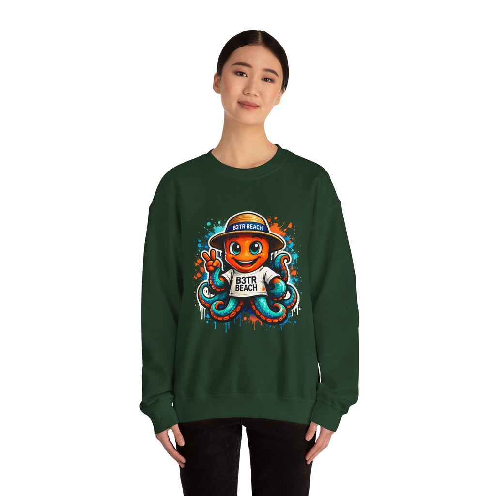 Inky B3TRBeach Crewneck Sweatshirt — Cute 'B3TR BEACH' Surf Octopus Graphic