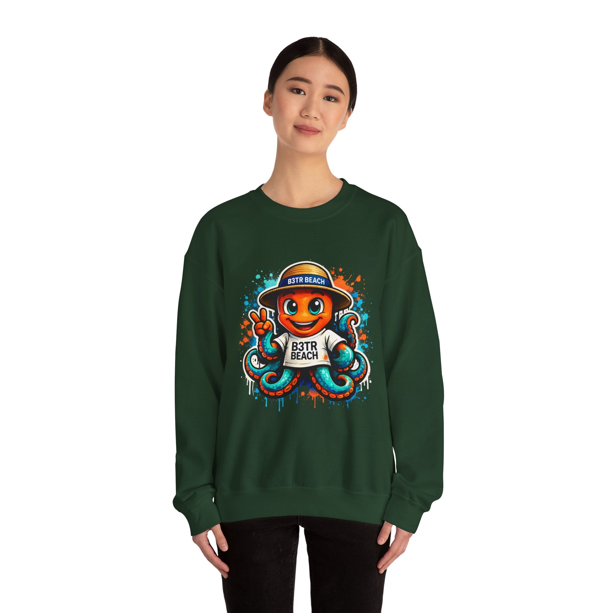 Inky B3TRBeach Crewneck Sweatshirt — Cute 'B3TR BEACH' Surf Octopus Graphic