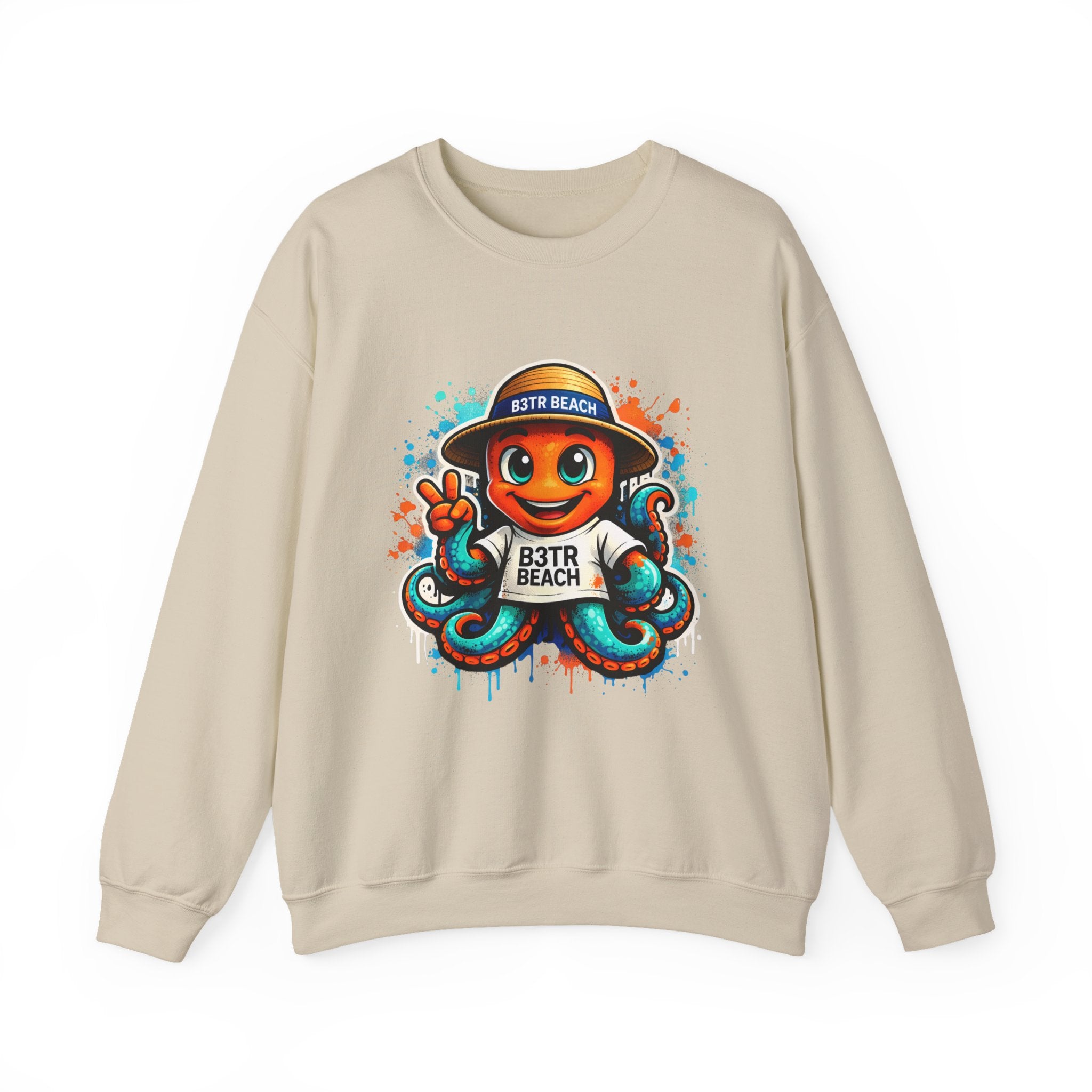 Inky B3TRBeach Crewneck Sweatshirt — Cute 'B3TR BEACH' Surf Octopus Graphic