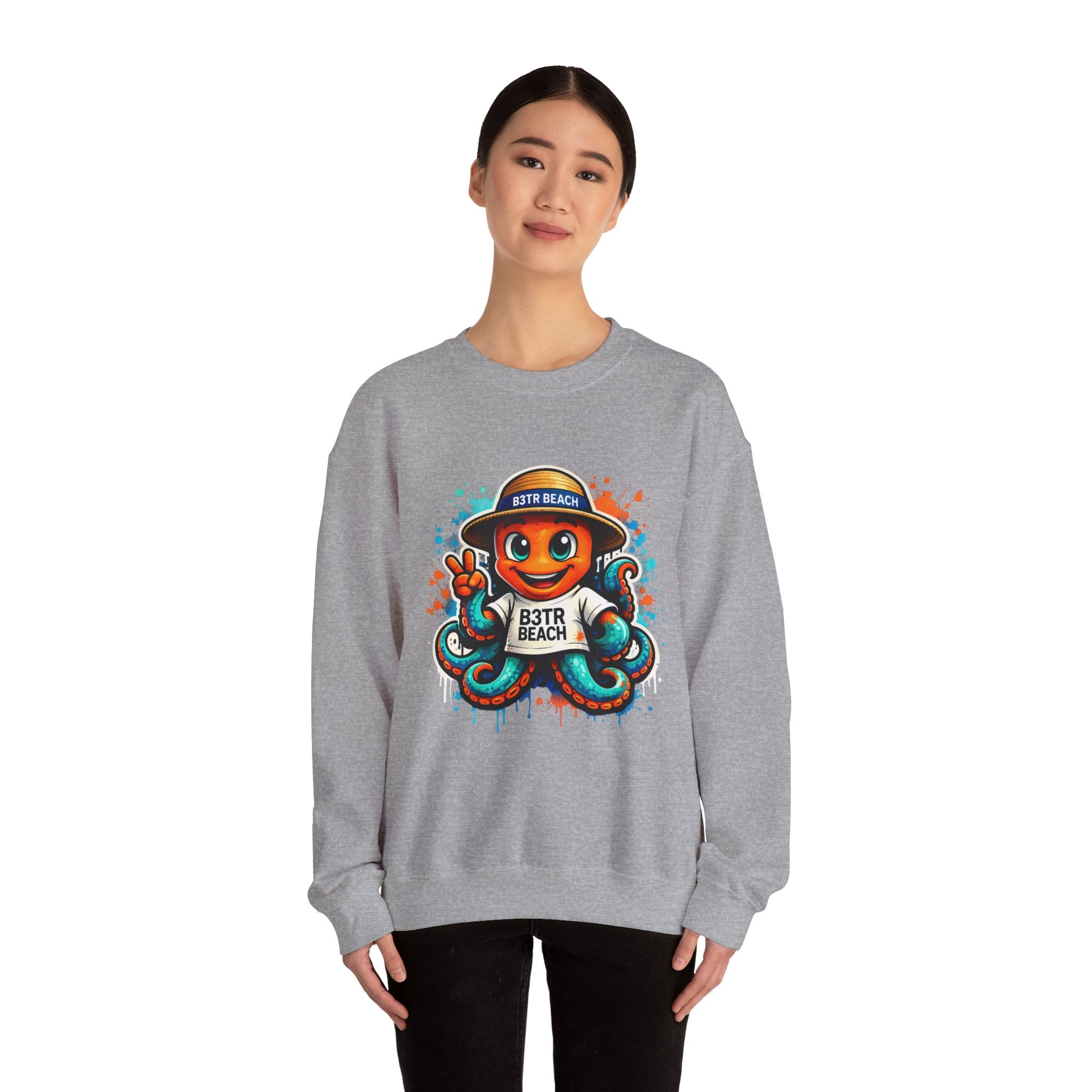 Inky B3TRBeach Crewneck Sweatshirt — Cute 'B3TR BEACH' Surf Octopus Graphic