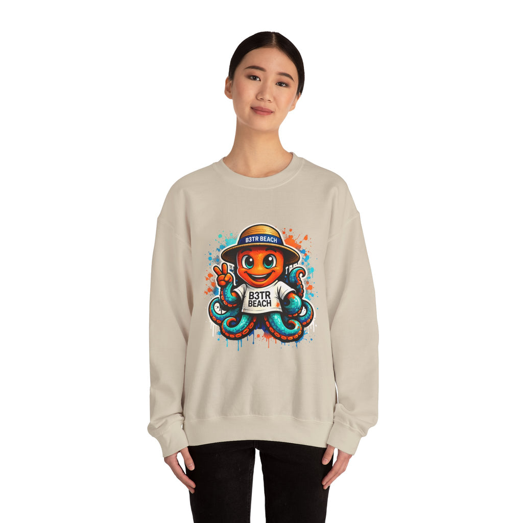 Inky B3TRBeach Crewneck Sweatshirt — Cute 'B3TR BEACH' Surf Octopus Graphic