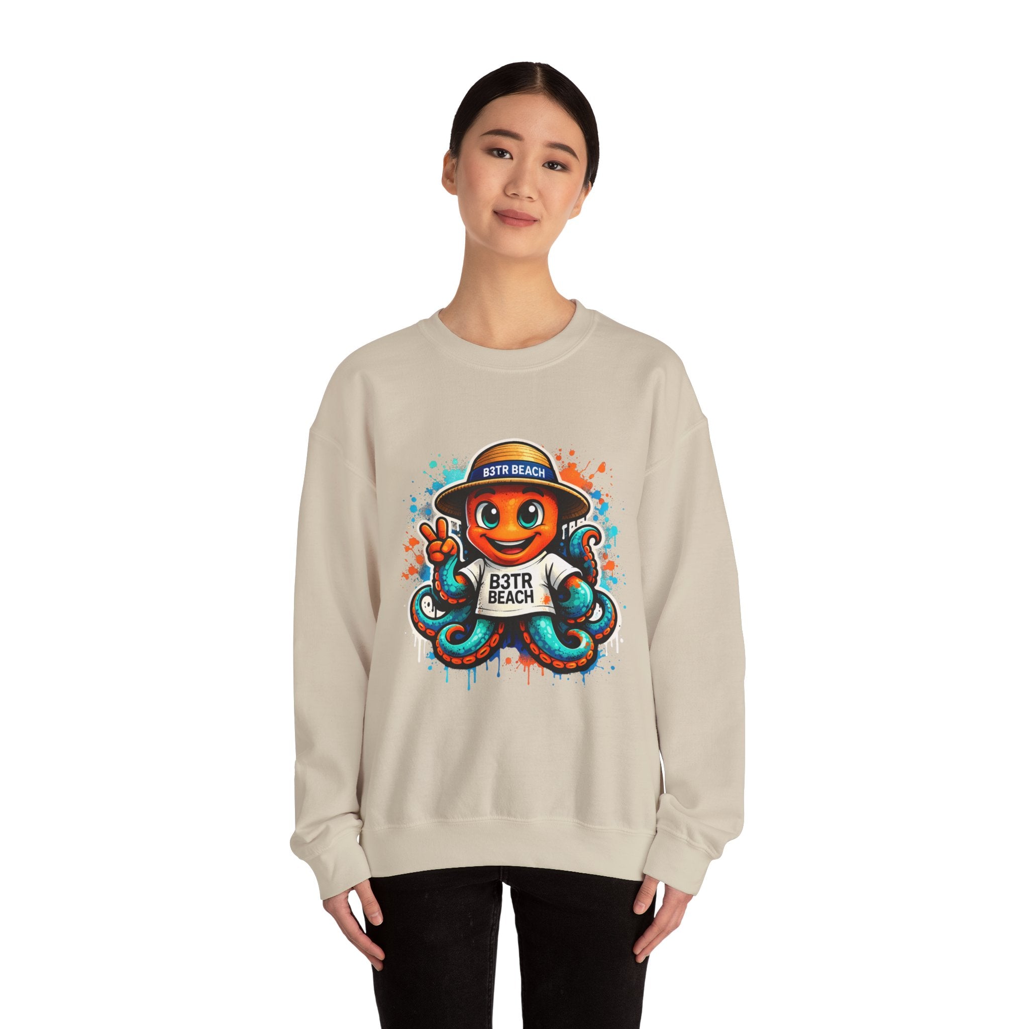 Inky B3TRBeach Crewneck Sweatshirt — Cute 'B3TR BEACH' Surf Octopus Graphic