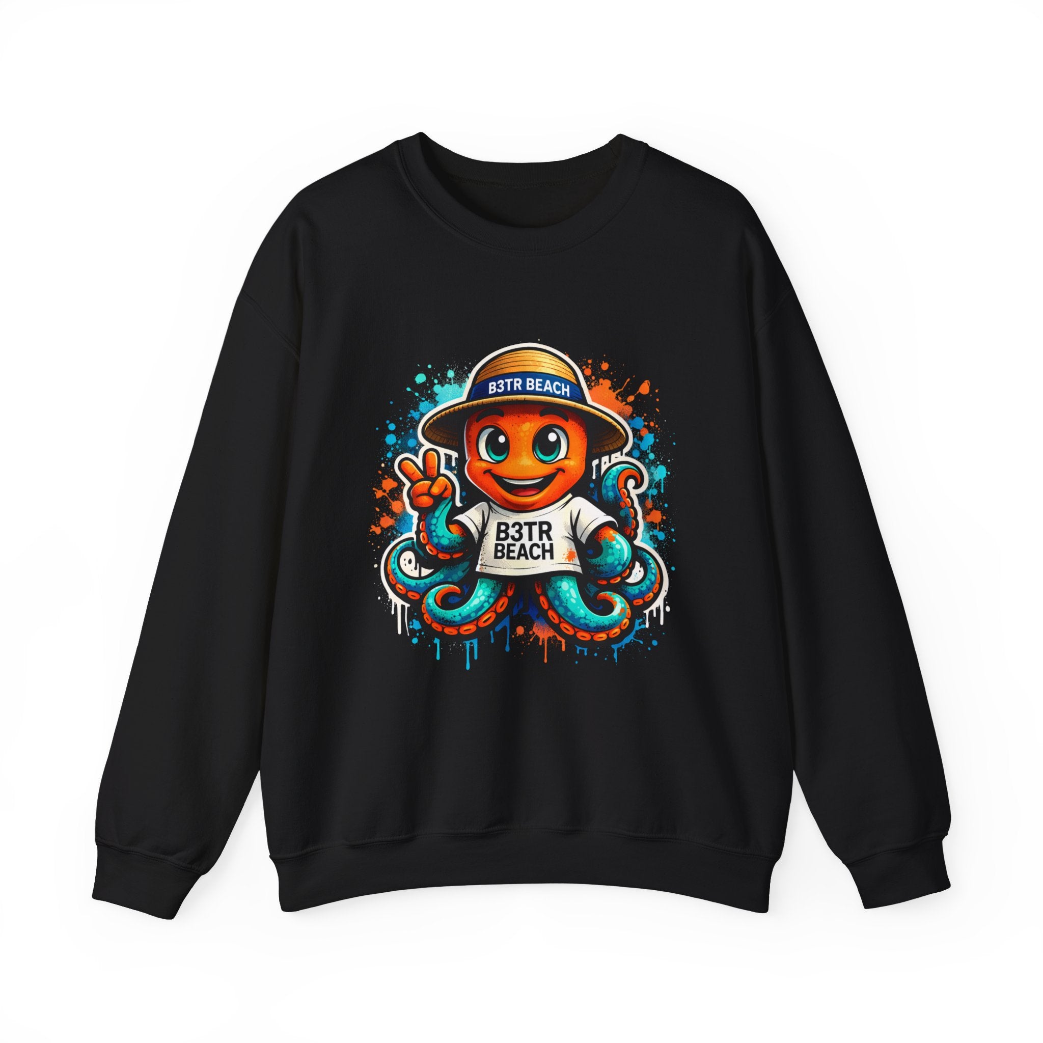 Inky B3TRBeach Crewneck Sweatshirt — Cute 'B3TR BEACH' Surf Octopus Graphic