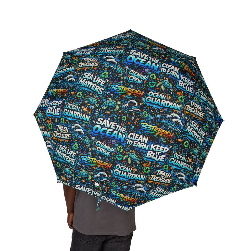 Compact Foldable Umbrella — Ocean Blue Inspirational Word Print, Semi-Automatic Travel Umbrella
