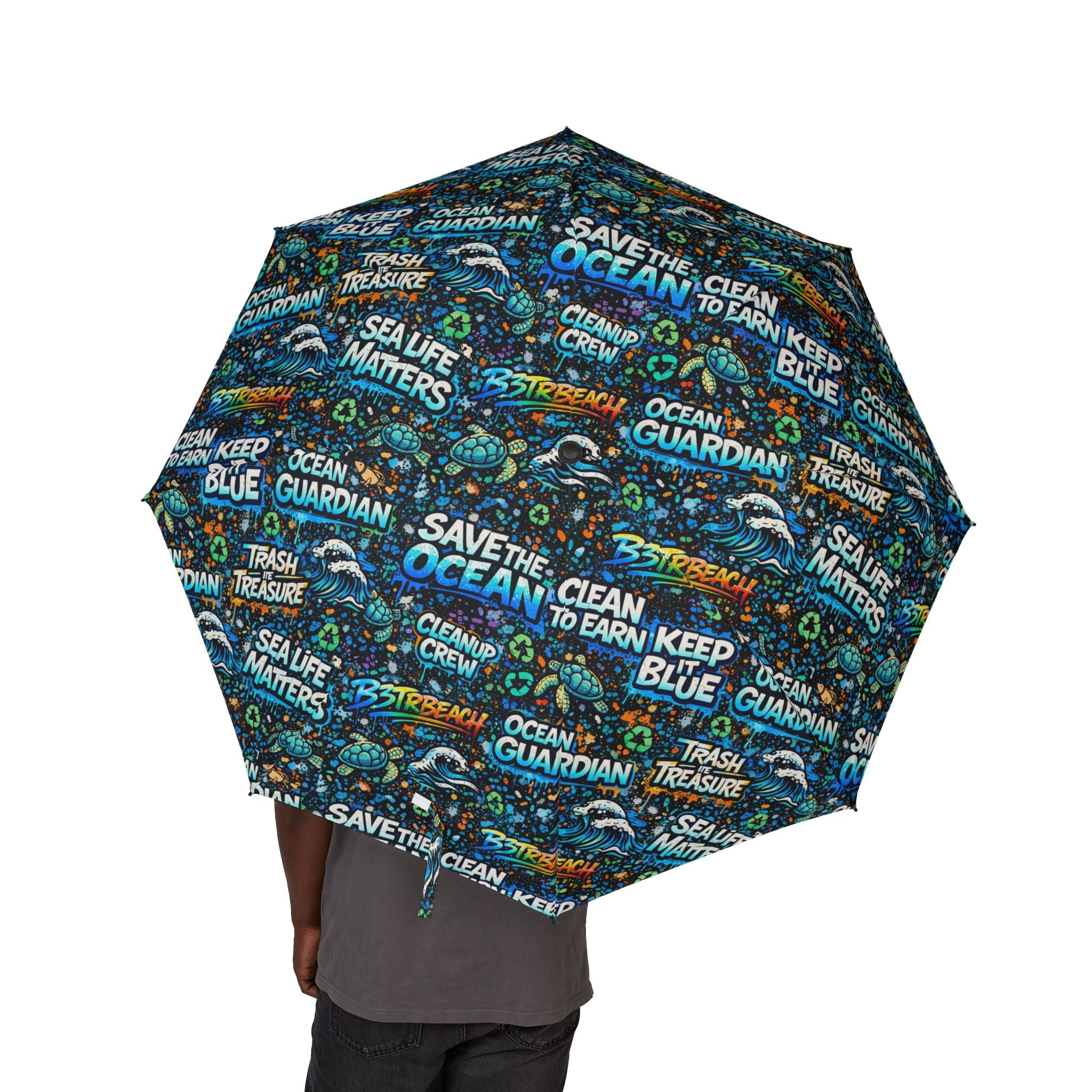 Compact Foldable Umbrella — Ocean Blue Inspirational Word Print, Semi-Automatic Travel Umbrella