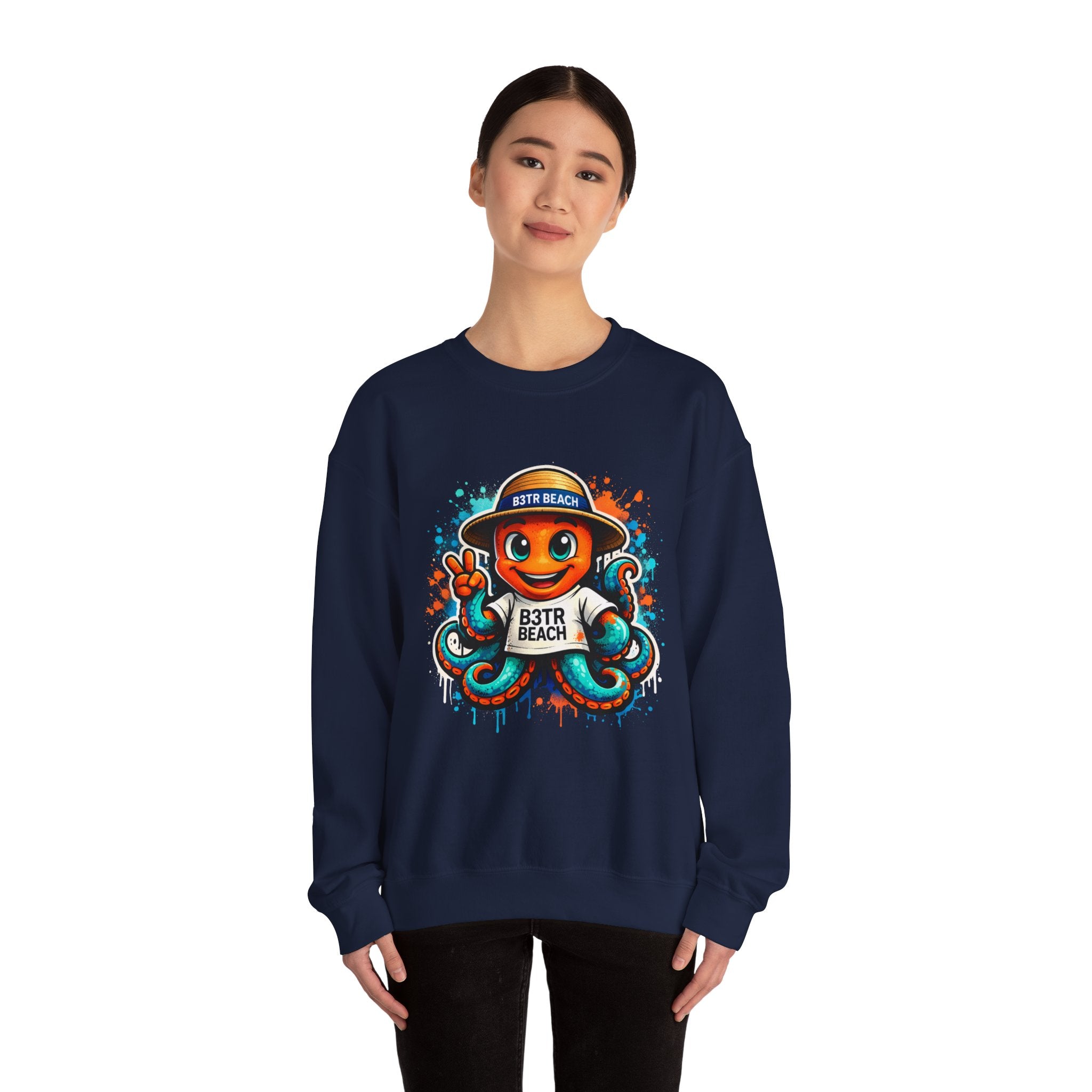 Inky B3TRBeach Crewneck Sweatshirt — Cute 'B3TR BEACH' Surf Octopus Graphic