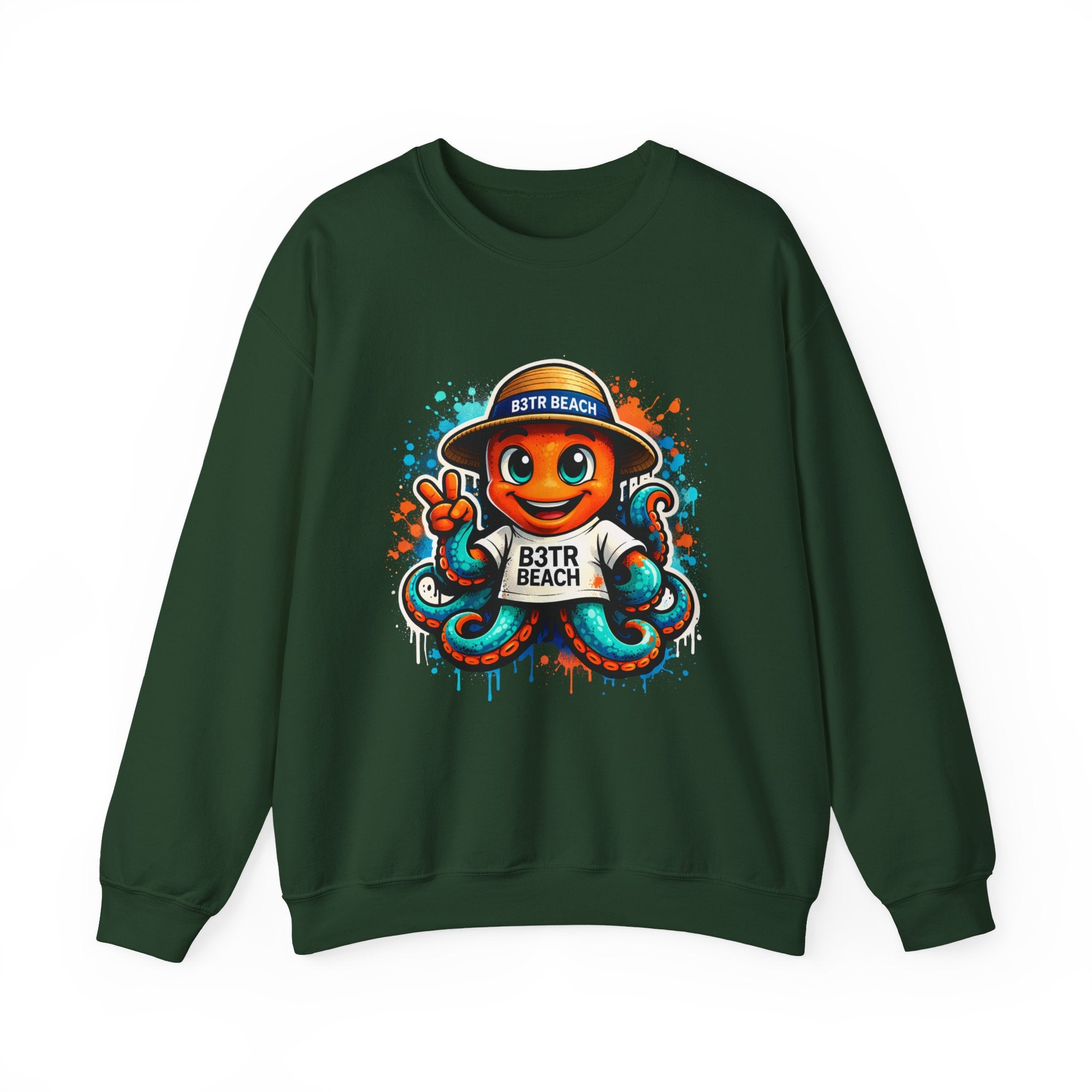 Inky B3TRBeach Crewneck Sweatshirt — Cute 'B3TR BEACH' Surf Octopus Graphic