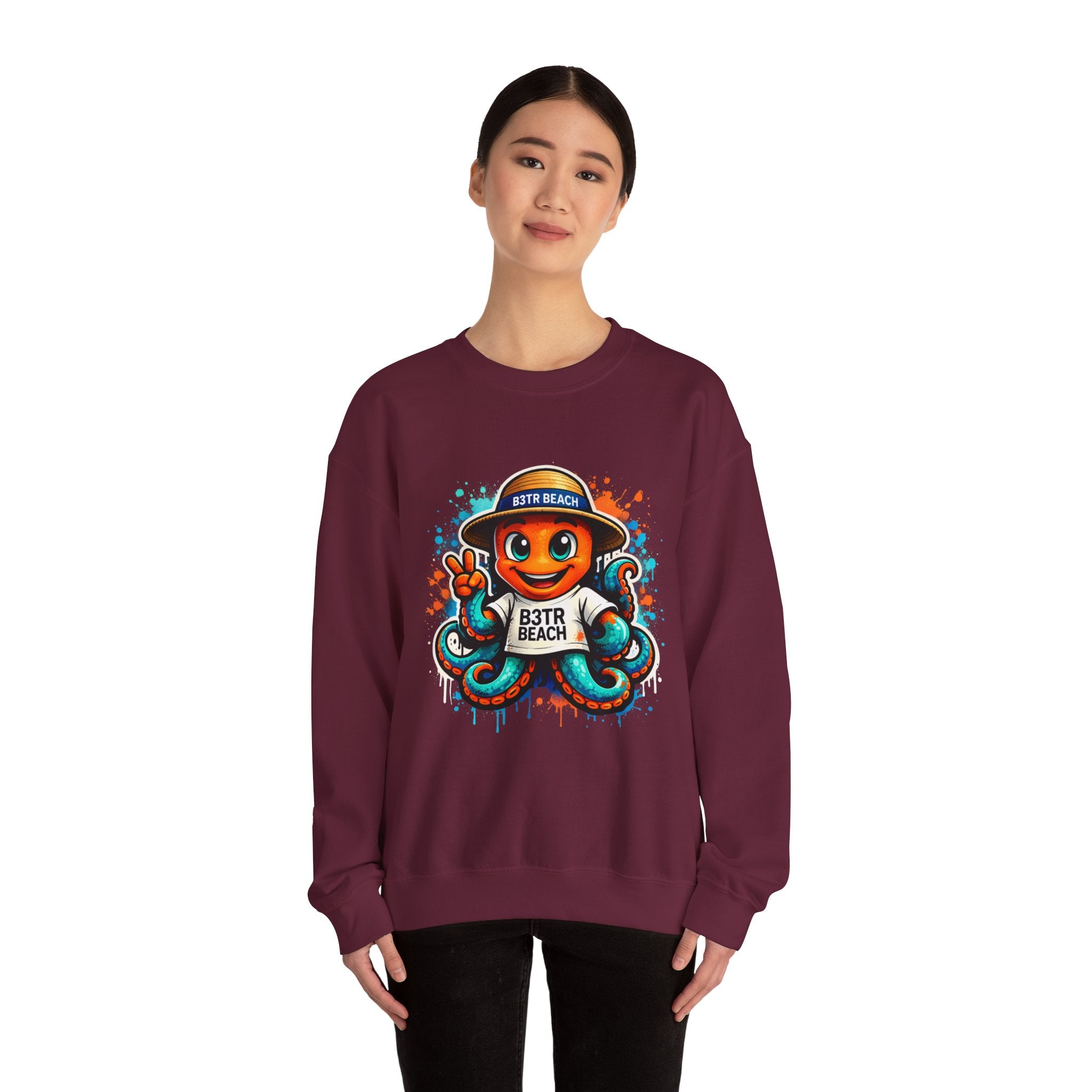Inky B3TRBeach Crewneck Sweatshirt — Cute 'B3TR BEACH' Surf Octopus Graphic