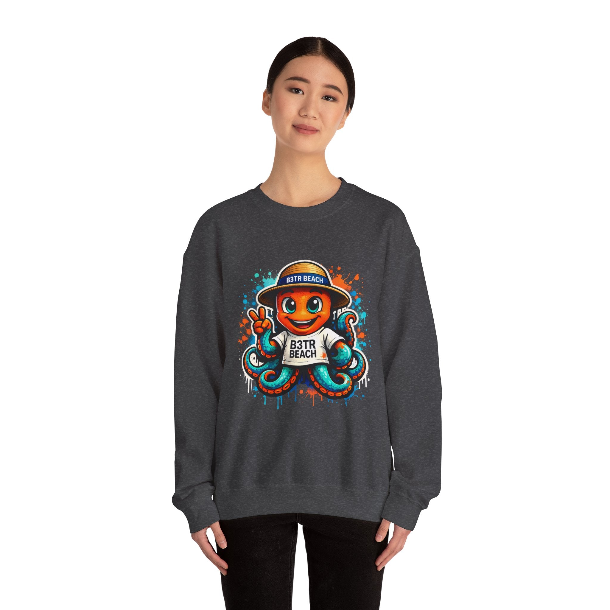 Inky B3TRBeach Crewneck Sweatshirt — Cute 'B3TR BEACH' Surf Octopus Graphic